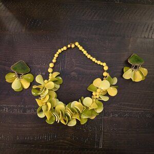 Vintage 1960s Mod Plastic Petal Necklace & Earrings Set Green Yellow Retro MCM